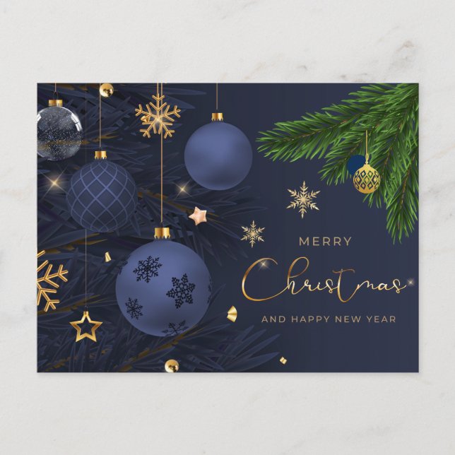 Frohe Weihnachten Blau, Gold Ornamente  (Vorderseite)