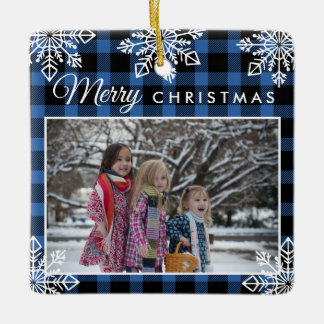 Frohe Weihnachten Blau kariert Schneeflocken 2 Fot Keramikornament