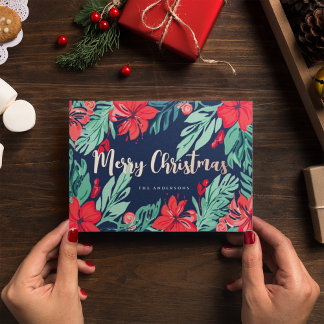 Frohe Weihnachten Blau Rot Elegant Botanisch Folien Feiertagskarte