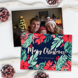 Frohe Weihnachten Blau Rot Elegante Botanische Fot Folien Feiertagskarte