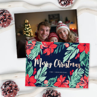 Frohe Weihnachten Blau Rot Elegante Botanische Fot Folien Feiertagskarte