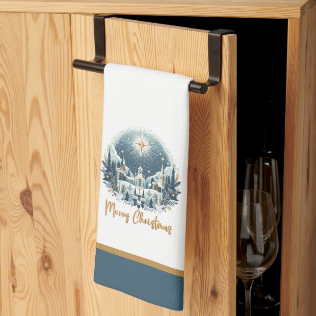 Frohe Weihnachten Blau und Gold Geschirrtuch (Drittel gefaltet)