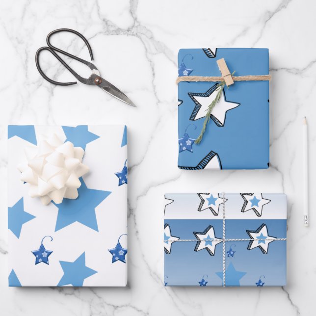 Frohe Weihnachten Blau & Weiße Sterne Geschenkpapier Set (Vorderseite)
