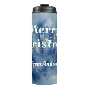 Frohe Weihnachten blau weiße Sterne Wasserfarbe ge Thermosbecher