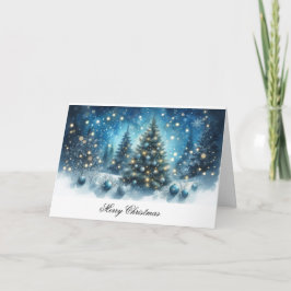 Frohe Weihnachten Blaue Bäume und Ornamente Karte