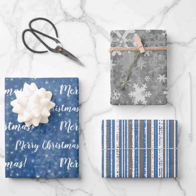 Frohe Weihnachten Blauer Grauer Winter Geschenkpapier Set (Vorderseite)