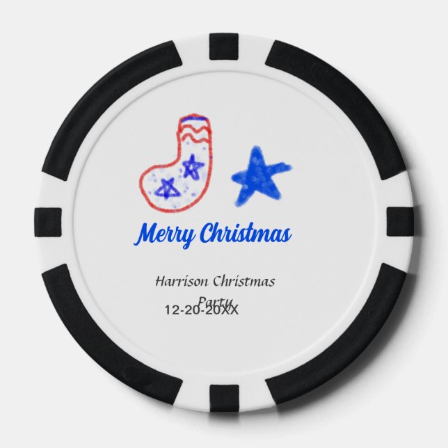 Frohe Weihnachten blauer Stern rote Strümpfe Name  Pokerchips (Vorderseite)