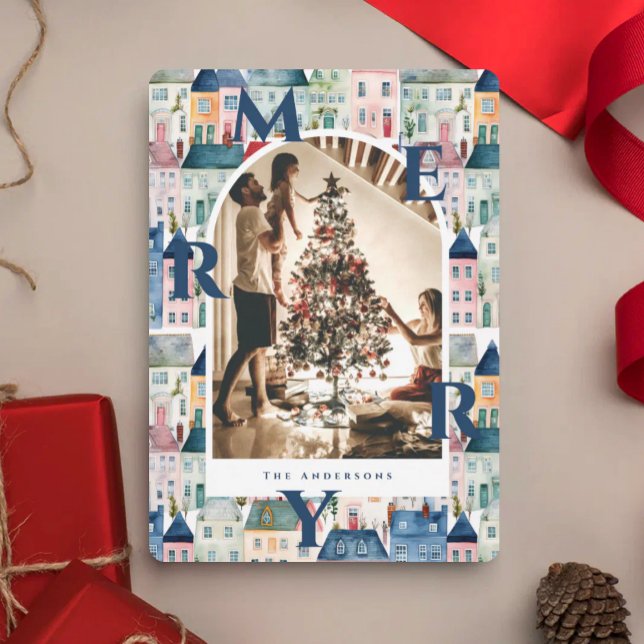 Frohe Weihnachten Blaues Wasserfarben-Häuser-Tor-F (Von Creator hochgeladen)