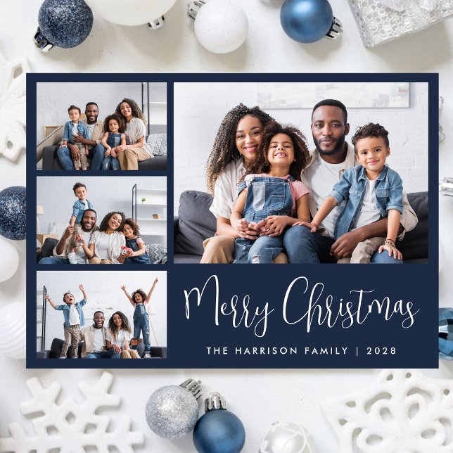 Frohe Weihnachten Blue 4 Foto Collage (Share the love and warmth of the season with a personalized 4 photo Christmas card)