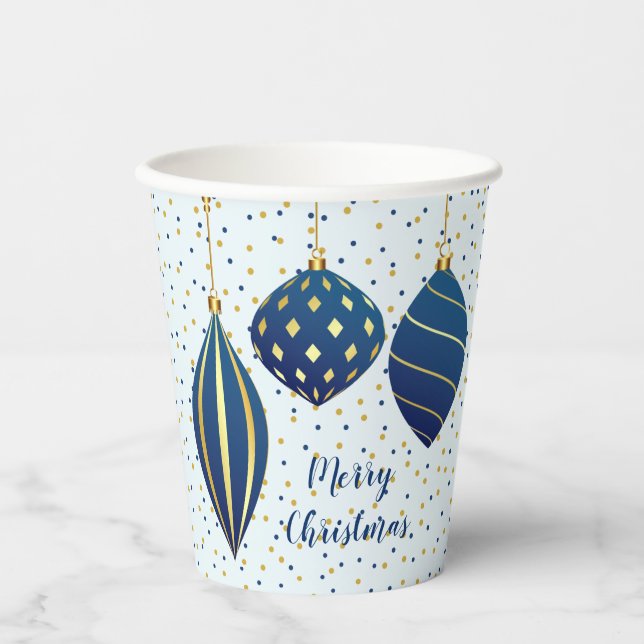 Frohe Weihnachten Blue Gold Ornaments Blue Pappbecher (Vorderseite)
