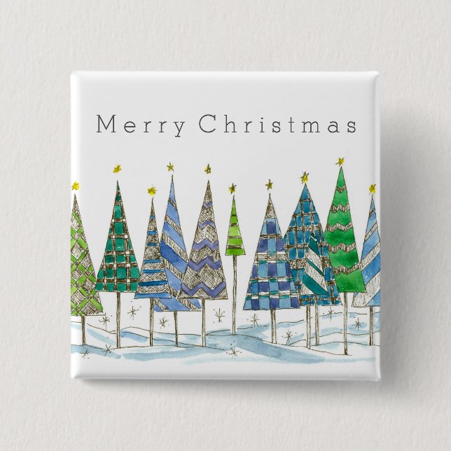 Frohe Weihnachten Blue Holiday Trees Art Button (Vorderseite)