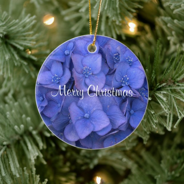 Frohe Weihnachten Blue Hydrangea Keramikornament (Baum)