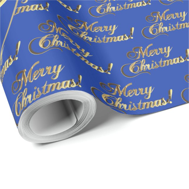 Frohe Weihnachten Blue Imitats Gold Foil Script Geschenkpapier (Rolleneckpunkt)