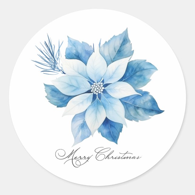 Frohe Weihnachten Blue Poinsettia Geschenkmarke Runder Aufkleber (Vorderseite)