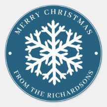 Frohe Weihnachten Blue Round White Snowflake