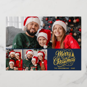 Frohe Weihnachten Blue Script 3 Familienfoto Folien Feiertagskarte
