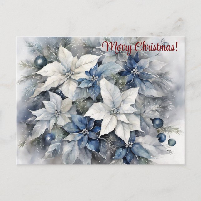 Frohe Weihnachten Blue Silver Poinsettia Postkarte (Vorderseite)