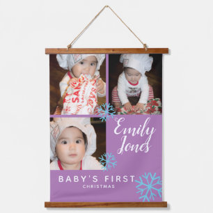 Frohe Weihnachten Blue SnowFlakes Baby Foto Collag Wandteppich Mit Holzrahmen