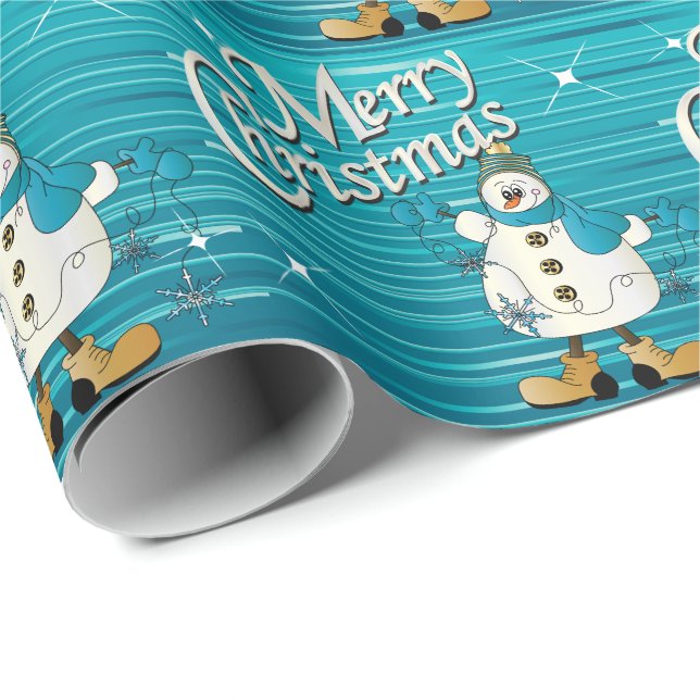 Frohe Weihnachten Blue Snowman Geschenkpapier (Rolleneckpunkt)