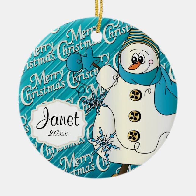 Frohe Weihnachten Blue Snowman Keramikornament (Vorne)