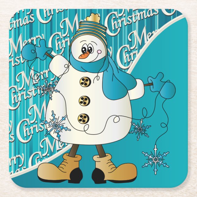 Frohe Weihnachten Blue Snowman Rechteckiger Pappuntersetzer (Vorderseite)