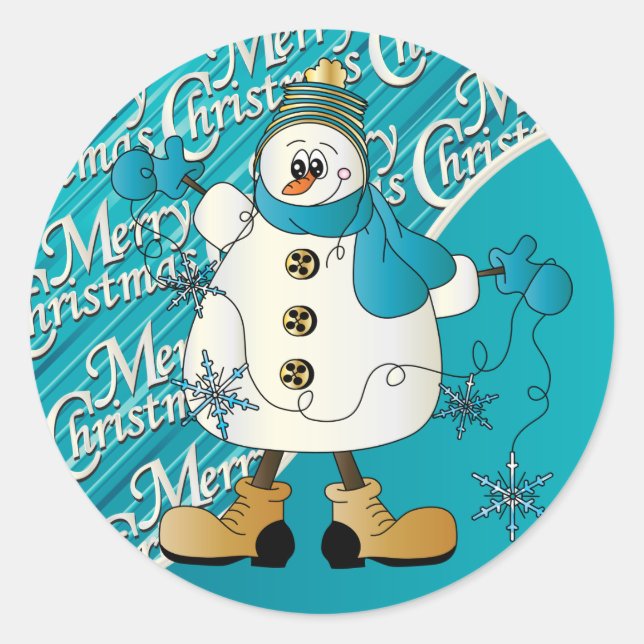 Frohe Weihnachten Blue Snowman Runder Aufkleber (Vorderseite)