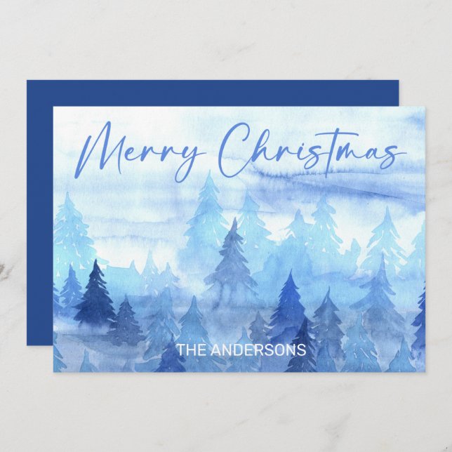 Frohe Weihnachten Blue Watercolor Pine Trees (Vorne/Hinten)