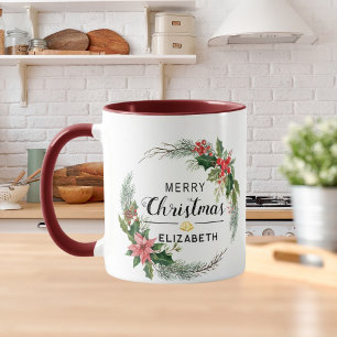 Frohe Weihnachten Blumenreath und Script Maroon Tasse