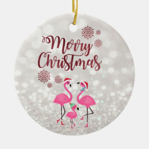 Frohe Weihnachten, Bokeh, Flamingos Weihnachtsmann Keramik Ornament