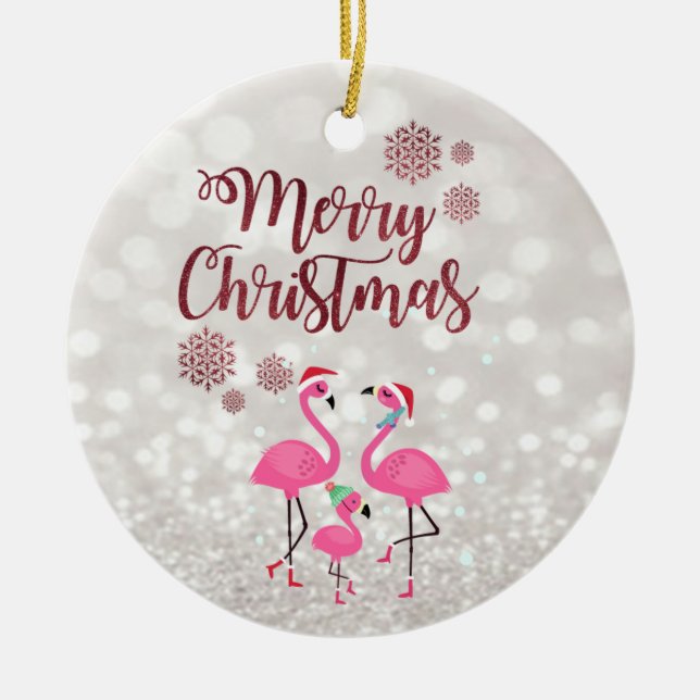 Frohe Weihnachten, Bokeh, Flamingos Weihnachtsmann Keramik Ornament (Vorne)