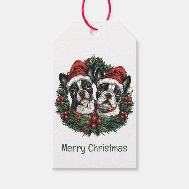 Frohe Weihnachten Boston Terrier Dogs Holiday Wrea Geschenkanhänger (Vorderseite)