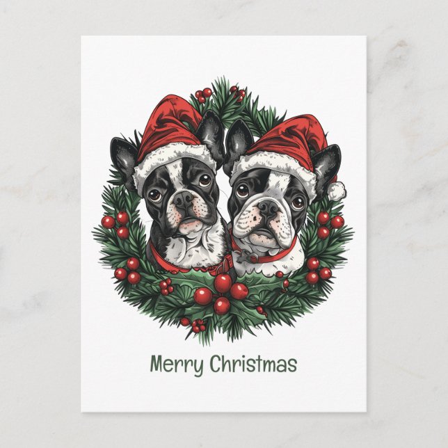 Frohe Weihnachten Boston Terrier Dogs Holiday Wrea Postkarte (Vorderseite)