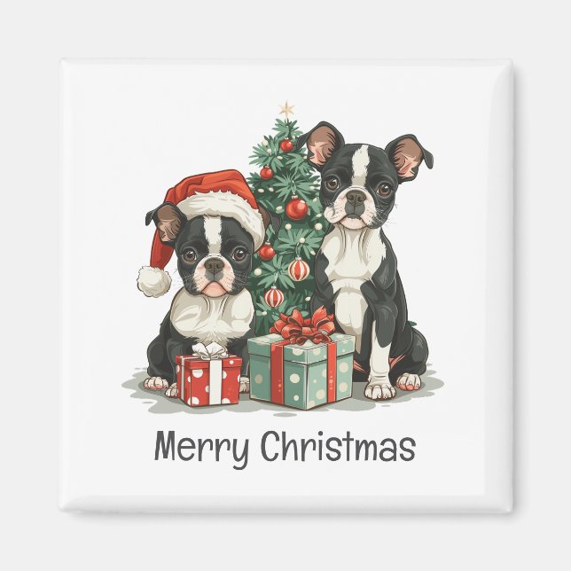 Frohe Weihnachten Boston Terrier Dogs Magnet (Vorne)