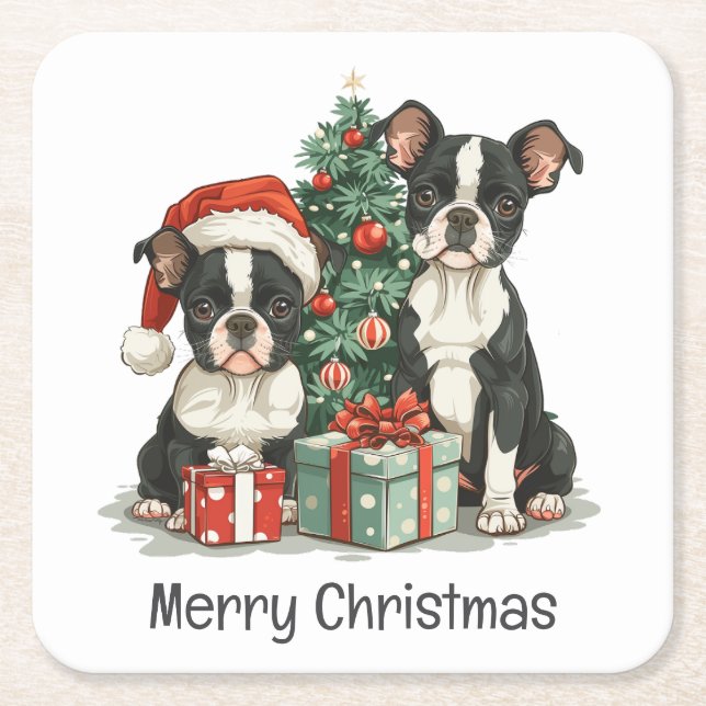 Frohe Weihnachten Boston Terrier Dogs Rechteckiger Pappuntersetzer (Vorderseite)