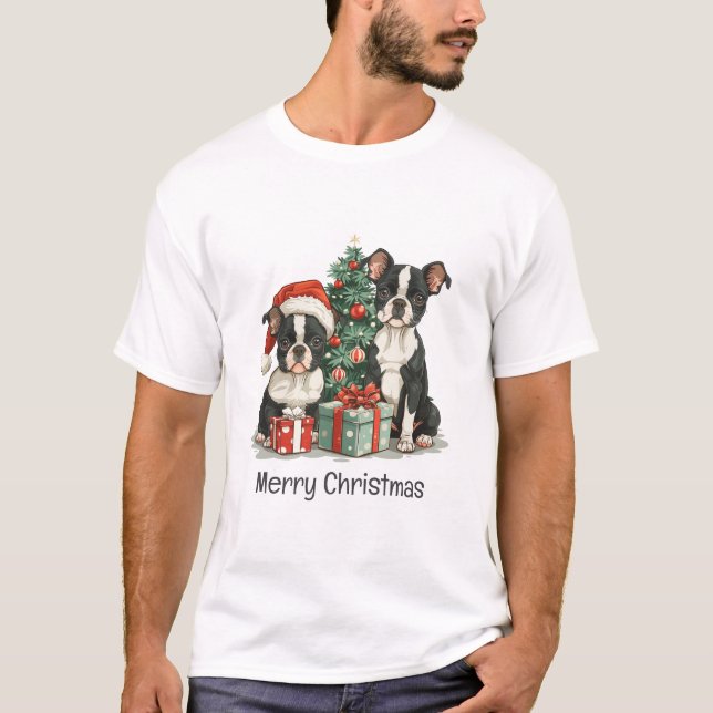 Frohe Weihnachten Boston Terrier Dogs T-Shirt (Vorderseite)