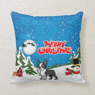 Frohe Weihnachten Boston Terrier mit einem Kissen