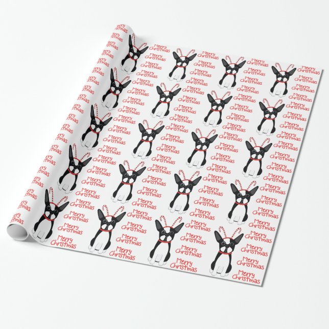  Frohe Weihnachten! Boston Terrier Wrapping Paper Geschenkpapier (Ungerollt)