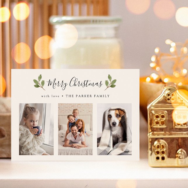 Frohe Weihnachten | Botanisches Drei Foto Minimali (A photo grid Christmas card with elegant botanical leaves)