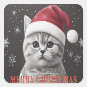 Frohe Weihnachten Britische Kurzhaar Cat, Santa Ca Quadratischer Aufkleber