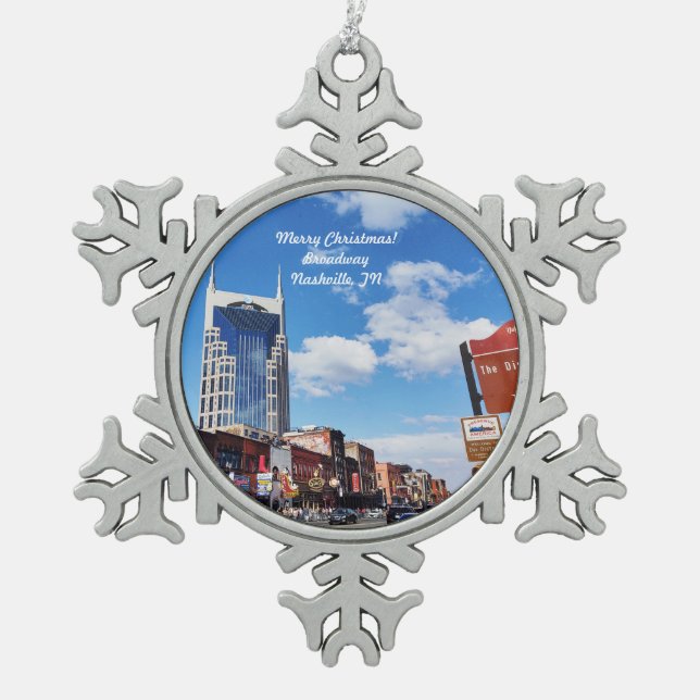 Frohe Weihnachten! Broadway, Nashville-Ornament Schneeflocken Zinn-Ornament (Vorderseite)