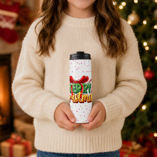 Frohe Weihnachten - Bunte Herzen und Sterne Thermosbecher