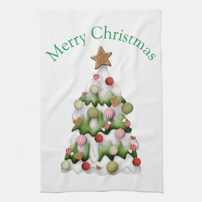 Frohe Weihnachten bunter Schnee Weihnachtsbaum Geschirrtuch (Vertikal)