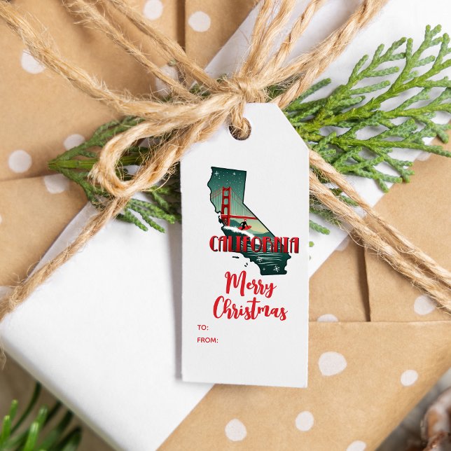Frohe Weihnachten California Retro Xmas Urlaub Geschenkanhänger (Text is editable, change the greeting & add names if required)