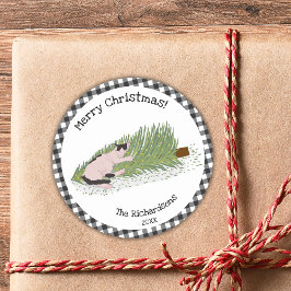 Frohe Weihnachten Cat Black & White Gingham Runder Aufkleber