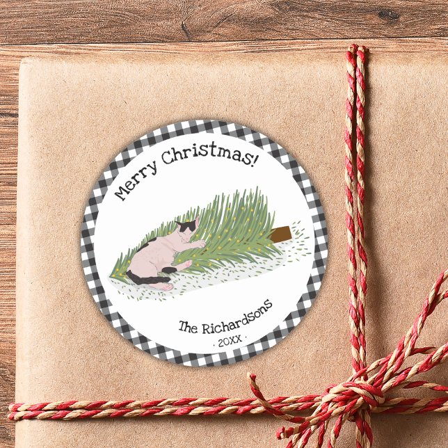 Frohe Weihnachten Cat Black & White Gingham Runder Aufkleber (Von Creator hochgeladen)