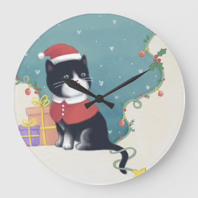 Frohe Weihnachten: Cat Illustration Art Große Wanduhr (Vorderseite)