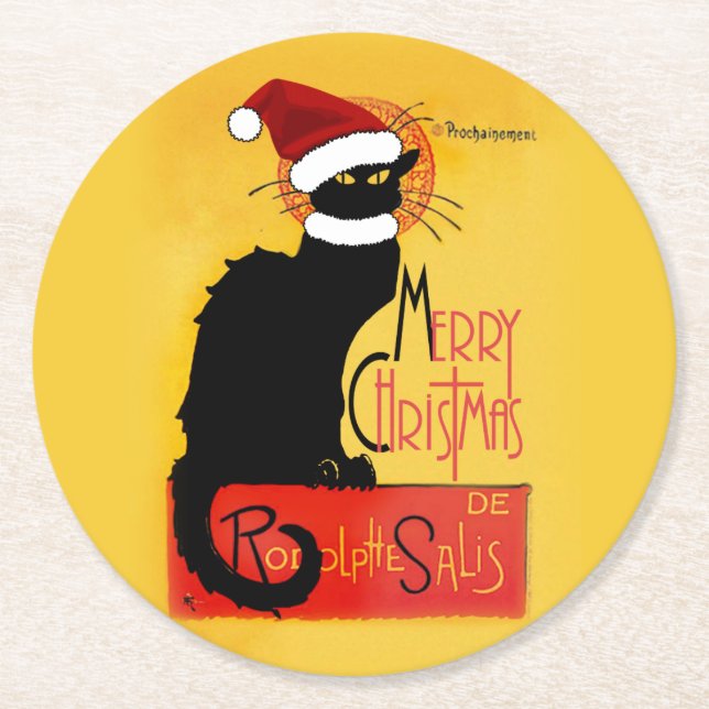 Frohe Weihnachten - Chat Noir Runder Pappuntersetzer (Vorderseite)