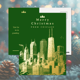 Frohe Weihnachten Chicago Green Foil Post Card Folien Feiertagspostkarte