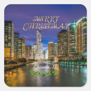 Frohe Weihnachten, Chicago River bei Sonnenunterga Quadratischer Aufkleber