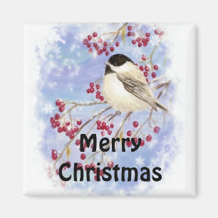 Frohe Weihnachten Chickadee Snowy Berry Tree Magnet